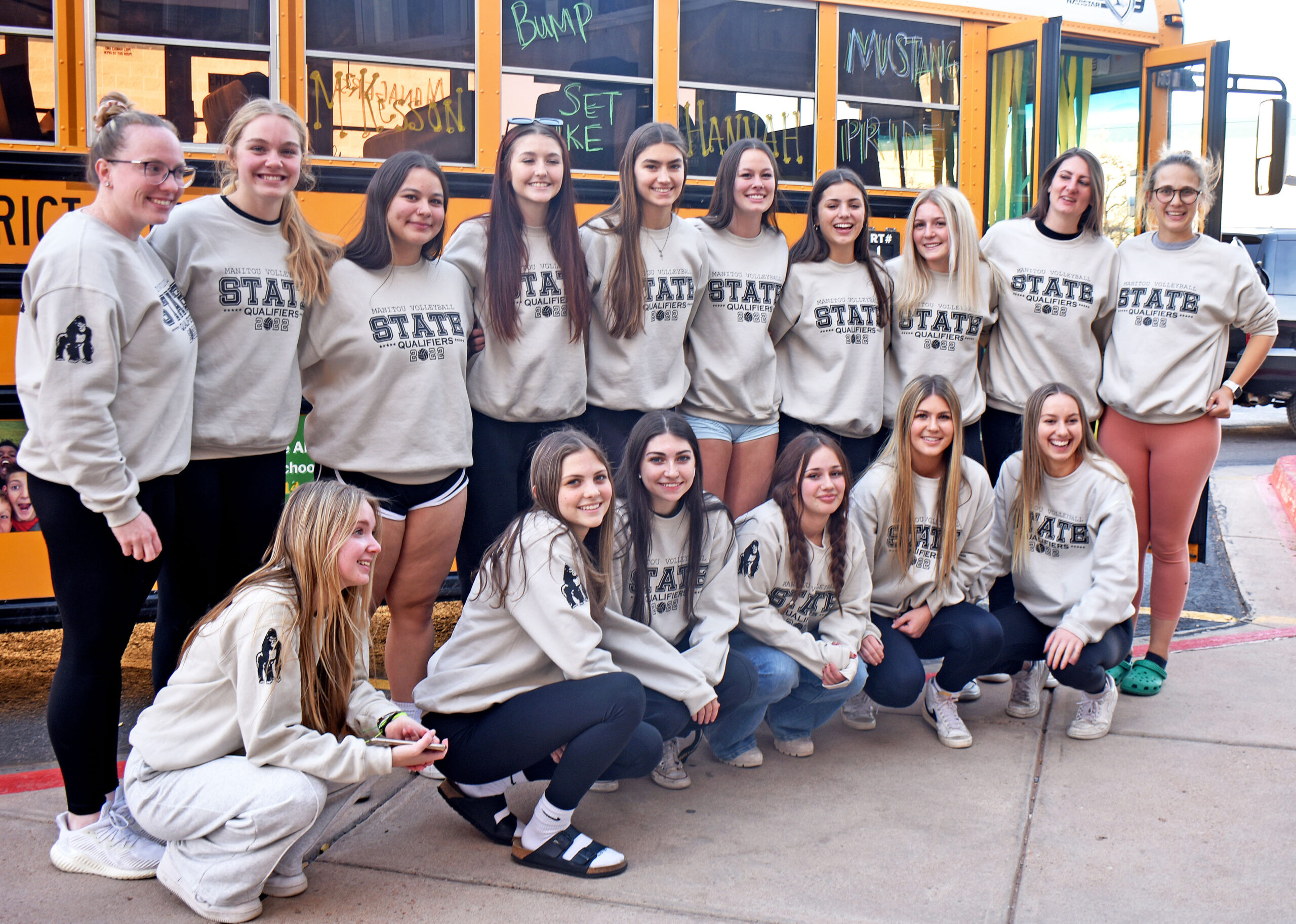 Photo by Rhonda Van Pelt. The Manitou Springs High School volleyball players and coaches pause for photos before heading to the 3A State Championships on Wednesday, Nov. 9. Standing, from left: assistant coach Kimmie Beach, Sierra Dunlap, Maria Perez, Hannah Ruger, Grace Allen, Teryn Thime, Lily Glass, Ayla Flett, head coach Crissy Leonhardt and assistant coach Gabby Santos. Front, from left: Morgan Flannery, Chloe Arnoldusson, Cassidy Blechman, Hannah Mellinkoff, McKesson Rhodes and Norah Jorstad.